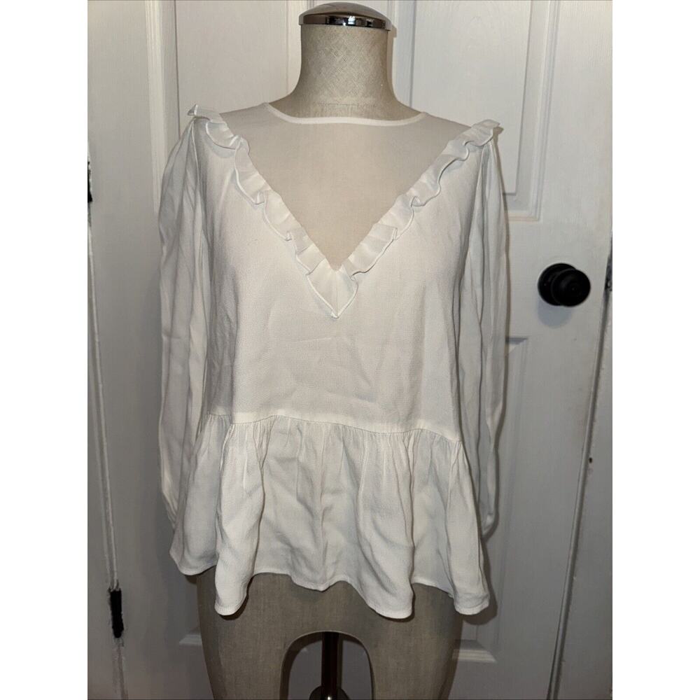Claudie Pierlot Sheer Panel White Crop Ruffle‎ Blouse Size 36 US4